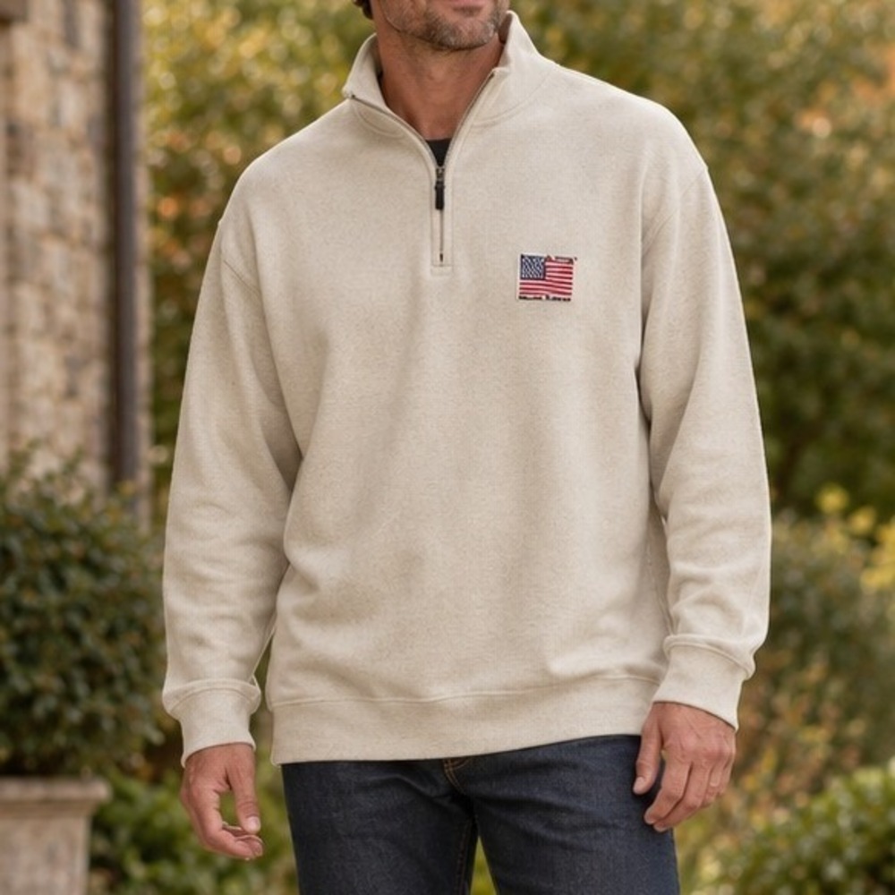 Vtg Chaps Ralph Lauren XXL Cream Ribbed Cotton 1/4 Zip American Flag Pullover
